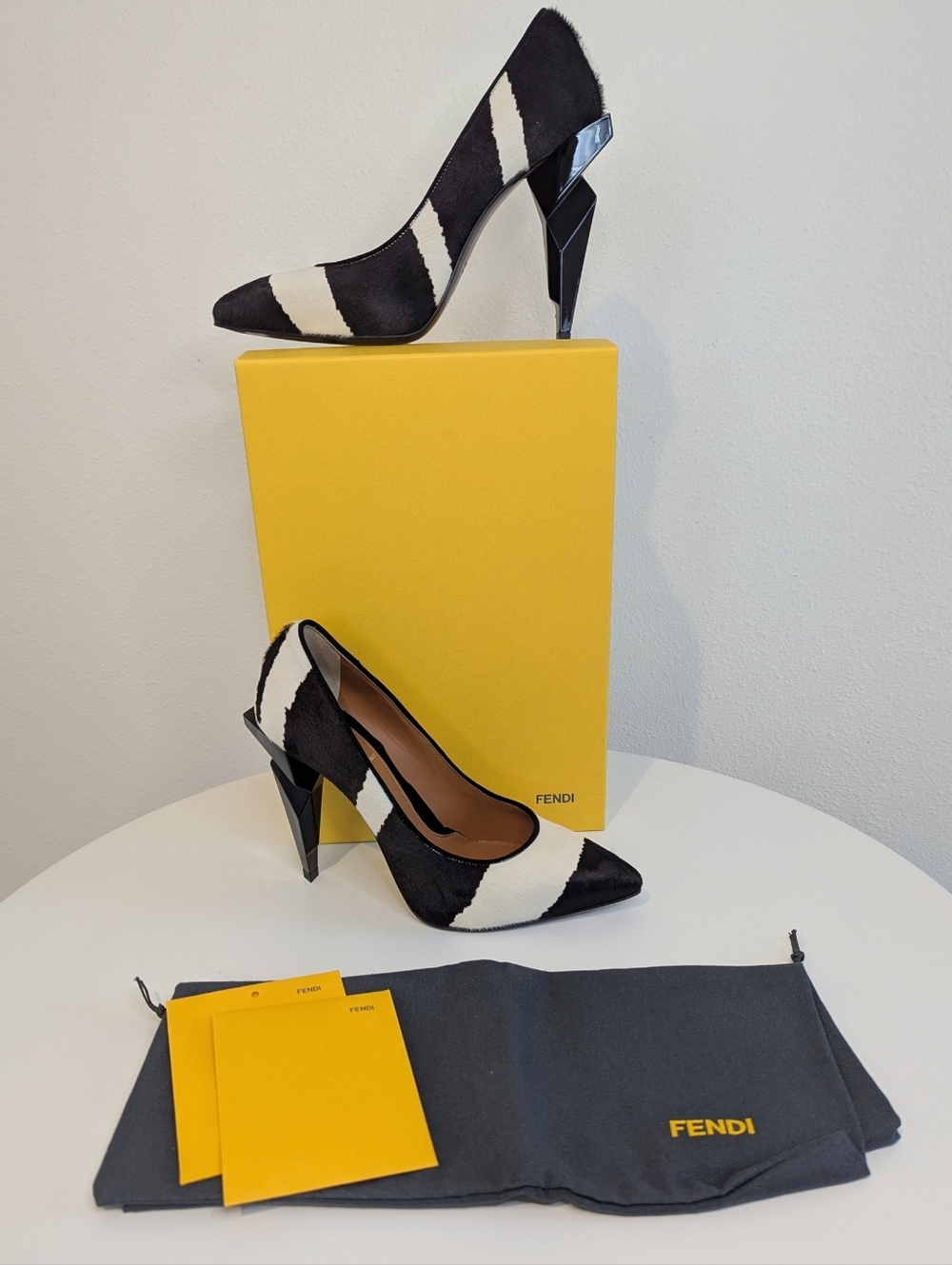 Fendi Calf Hair Striped Black White Pointed Toe Geometric Heel Pumps Sz 38 w/Box